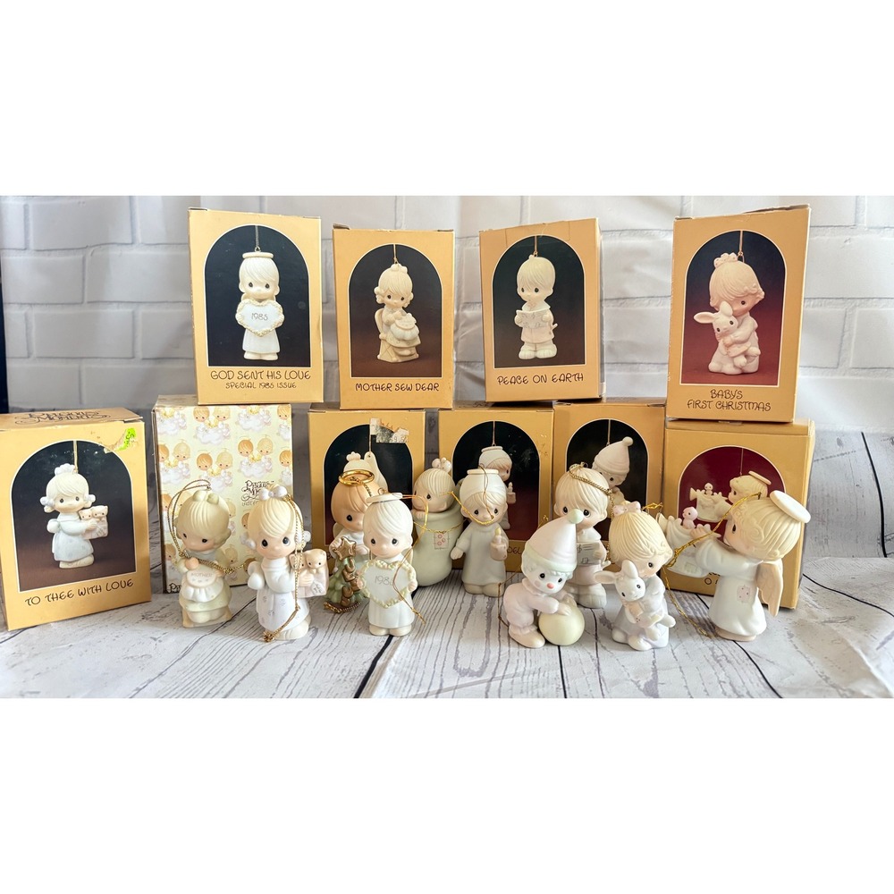 Precious Moments Vintage Porcelain Christmas Ornament Lot with Boxes 10pc